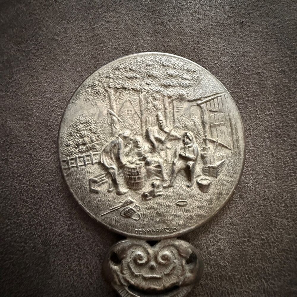 Vintage Denmark Hand Mirror With Embossed Farm Scene Design & Ornate Handle - Picture 3 of 4
